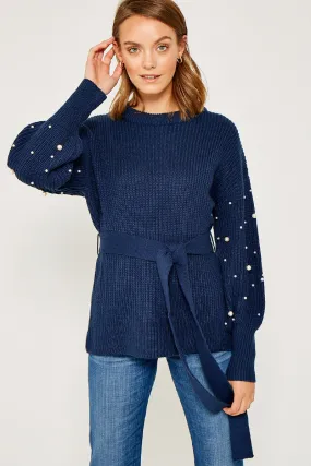 Stylish Layer Pearl Knit Tie Front Sweater