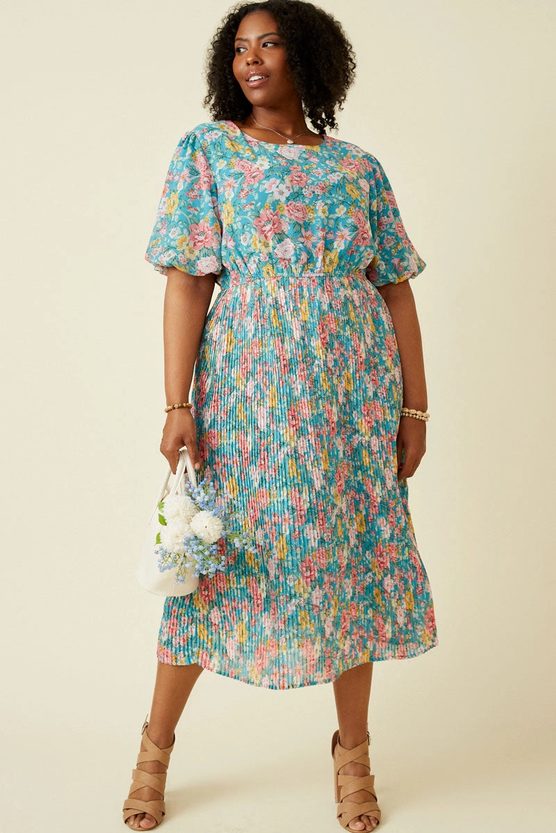 Romantic Floral Puff Sleeve Pleated Skirt Dress Soft Stretch