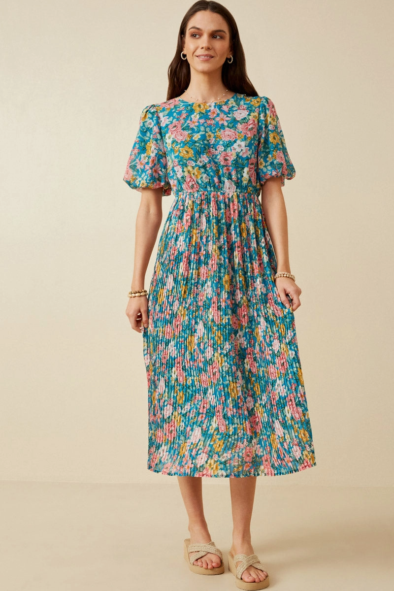 Romantic Floral Puff Sleeve Pleated Skirt Dress Smart Fabric Classic wrap dress