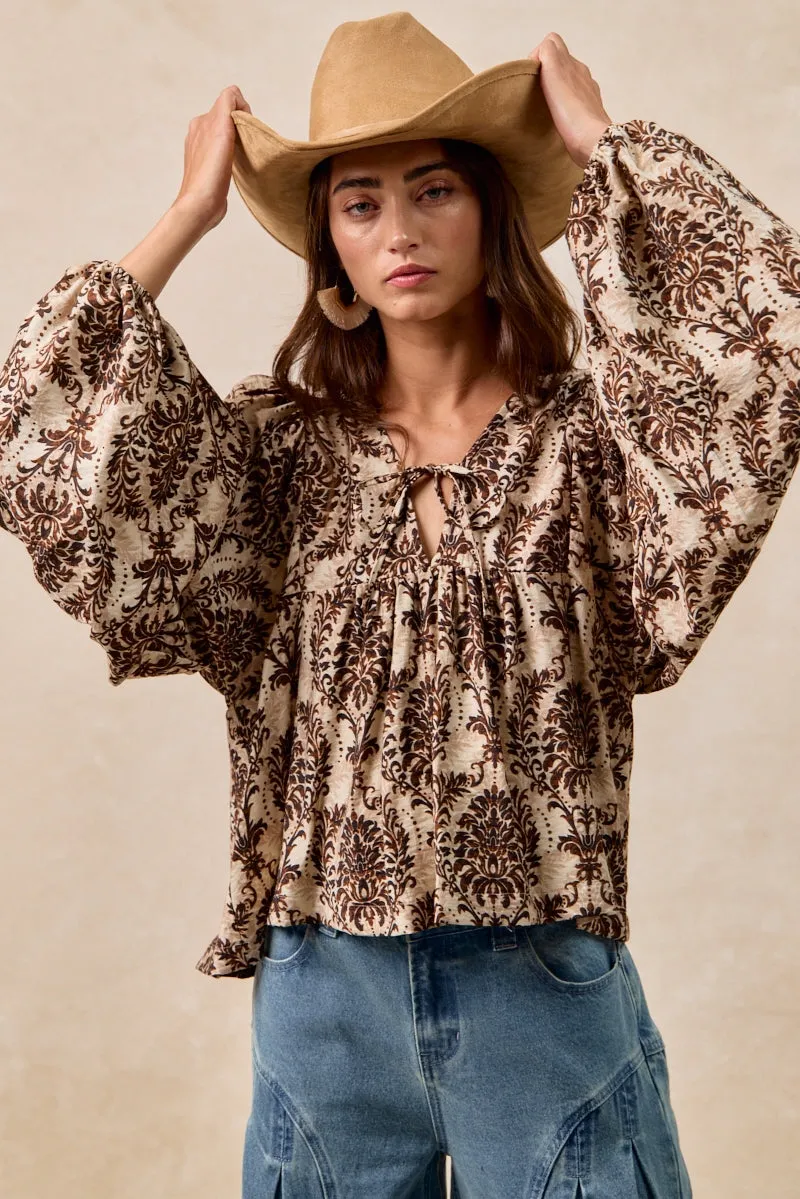 Refined Style Urban Comfort IT4534S-04 | PRINTED WOVEN FRONT TIED TOP WITH BALOON SLEEVE