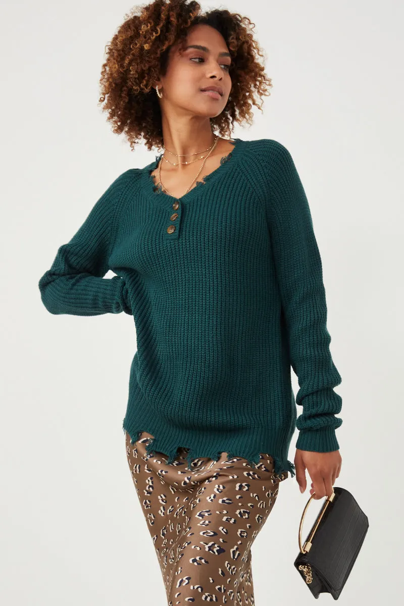 Relaxed Fit Silhouette Distressed Button Down Sweater