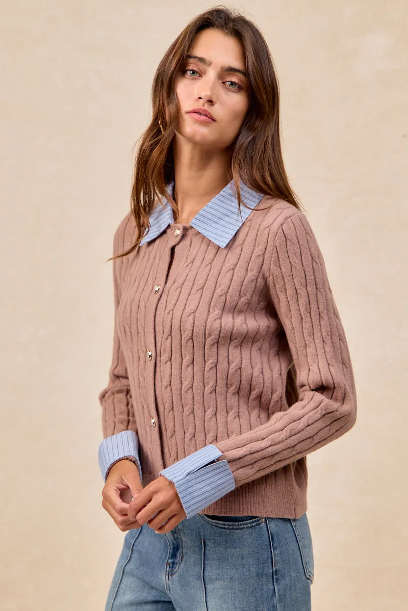 Modern Utility All Weather Piece IT4797-01 | CABLE KNIT SWEATER CARDIGAN WITH FABRIC EDGED