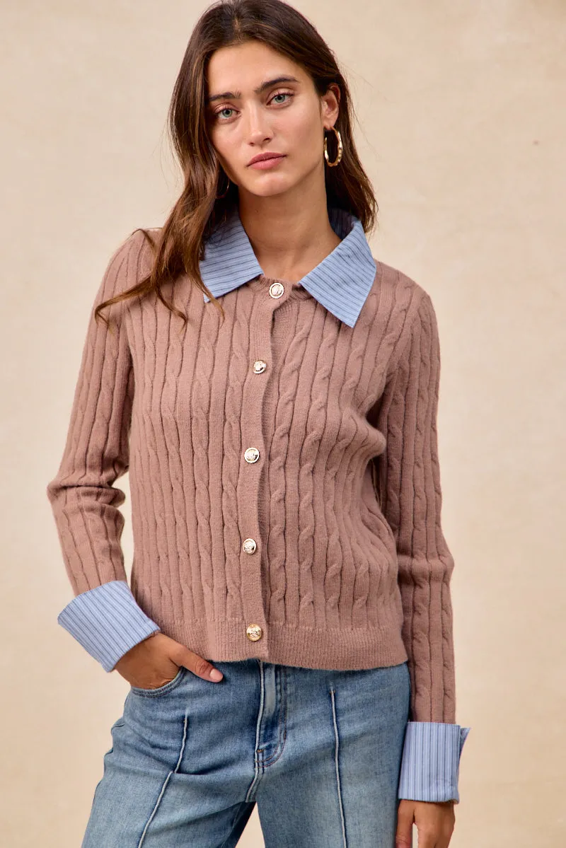 Lightweight Shell Stylish Layer IT4797-01 | CABLE KNIT SWEATER CARDIGAN WITH FABRIC EDGED