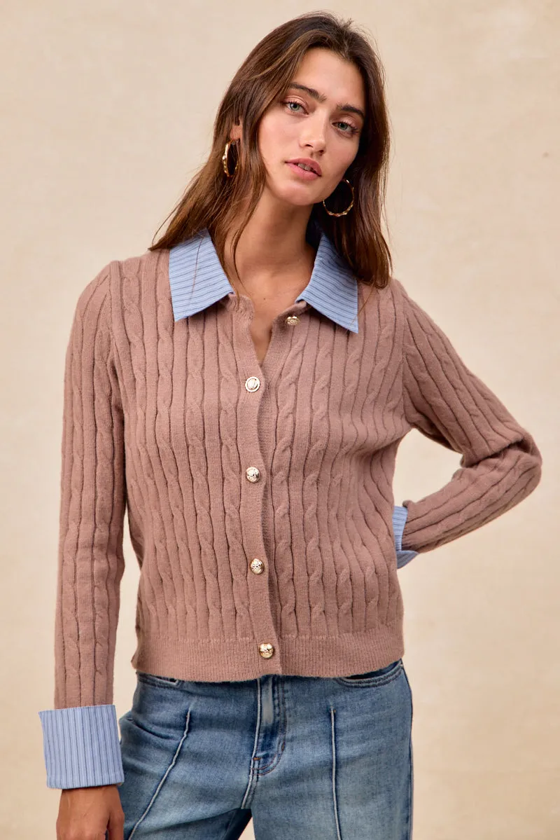 IT4797-01 | CABLE KNIT SWEATER CARDIGAN WITH FABRIC EDGED Subtle Color Tone Active Layer