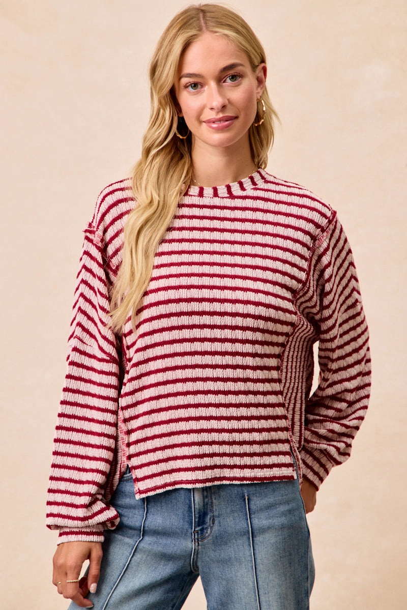 All Occasion IT4458S-01 | TEXTURED STRIPE KNIT TOP OPEN SEAM DETAIL