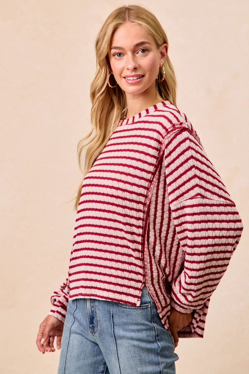 retro look Soft Texture IT4458S-01 | TEXTURED STRIPE KNIT TOP OPEN SEAM DETAIL