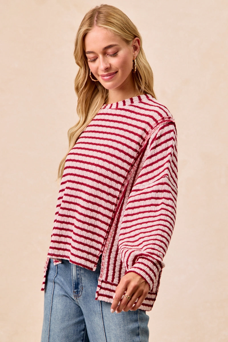 IT4458S-01 | TEXTURED STRIPE KNIT TOP OPEN SEAM DETAIL Casual Staple Rainy Day Option