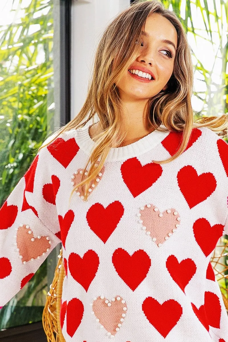 IP5841J-01 | HEART PRINT WITH PEARL EDGE DETAIL SWEATER TOP Active Daily Wear Timeless Piece