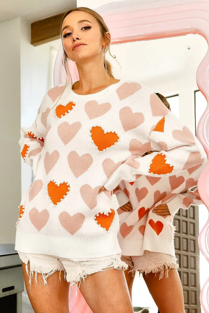 IP5841J-01 | HEART PRINT WITH PEARL EDGE DETAIL SWEATER TOP Contrast Stitch