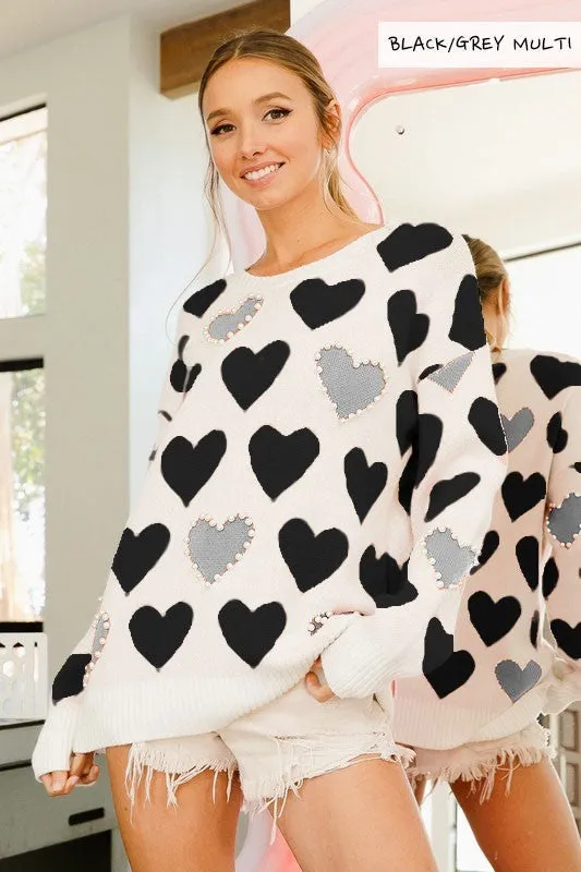 IP5841J-01 | HEART PRINT WITH PEARL EDGE DETAIL SWEATER TOP Waist Belt