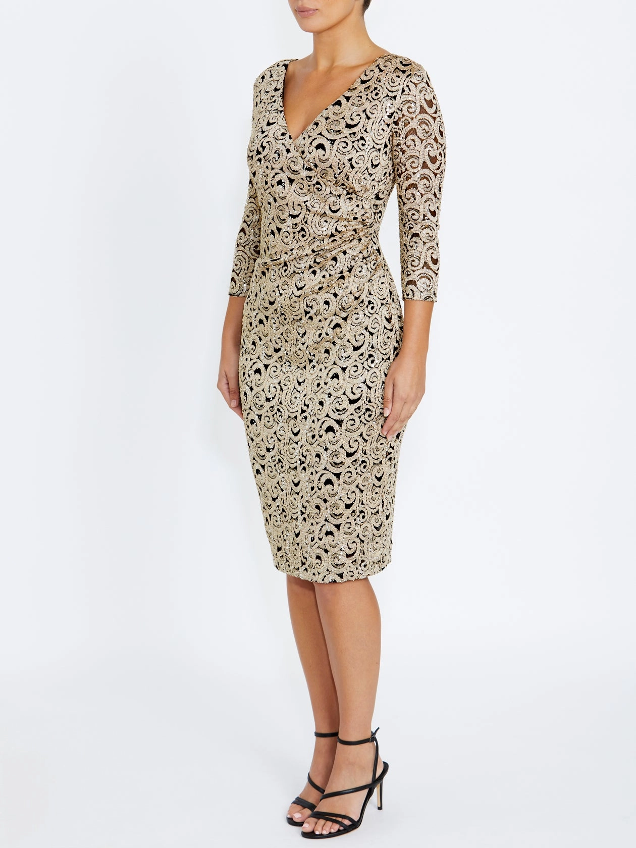 Winter Cozy Aurelia Black and Gold Stretch Lace Dress