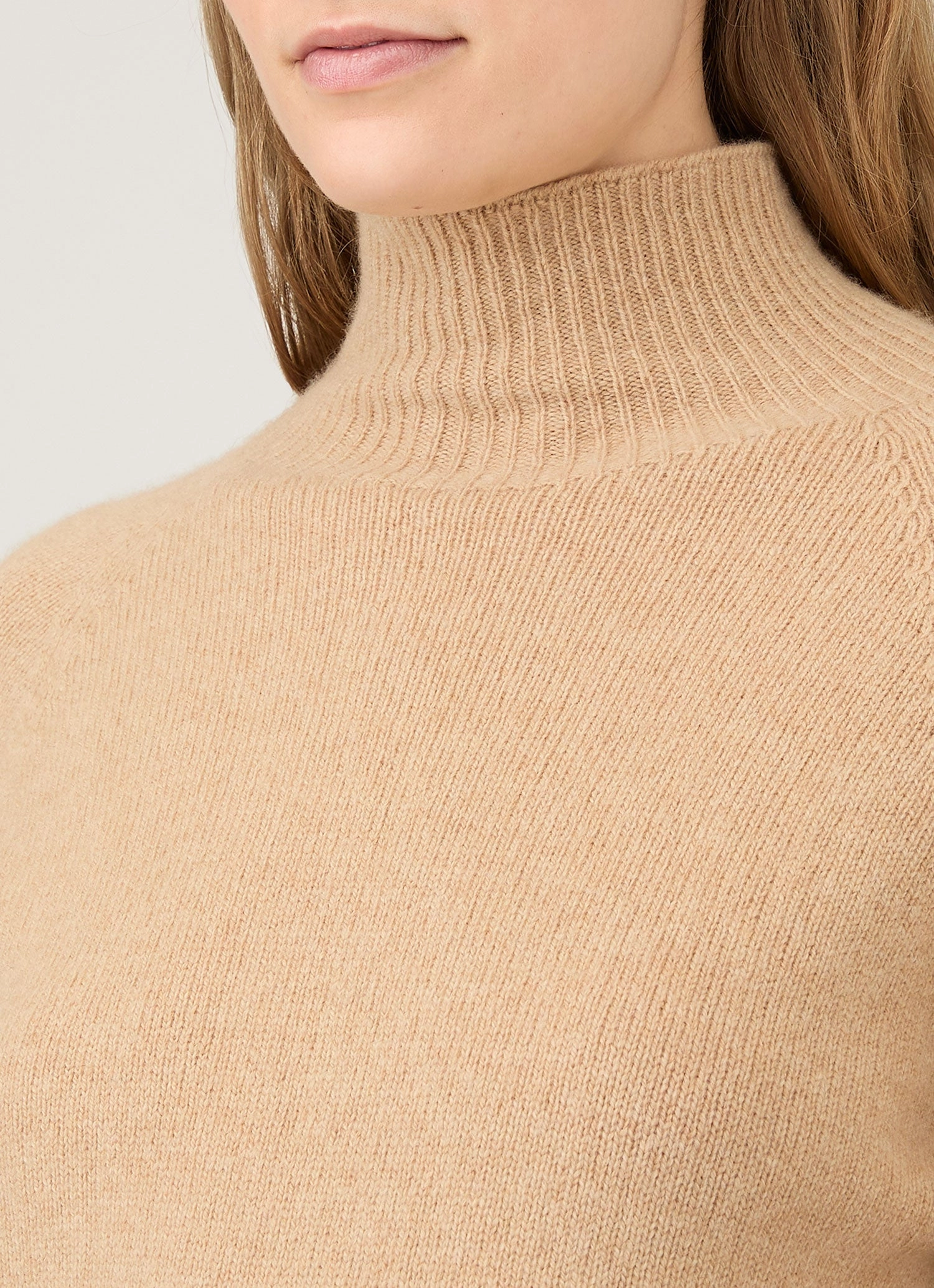 Women's Lambswool Funnel Neck Jumper in Light Camel Lightweight Style