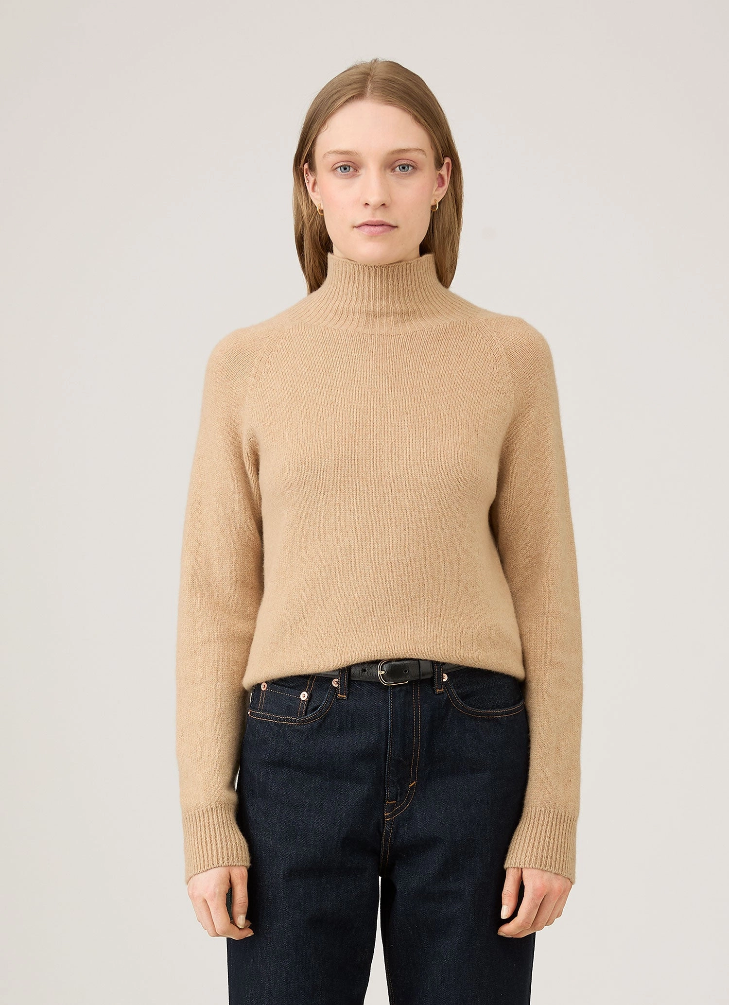 Women's Lambswool Funnel Neck Jumper in Light Camel Lightweight Style