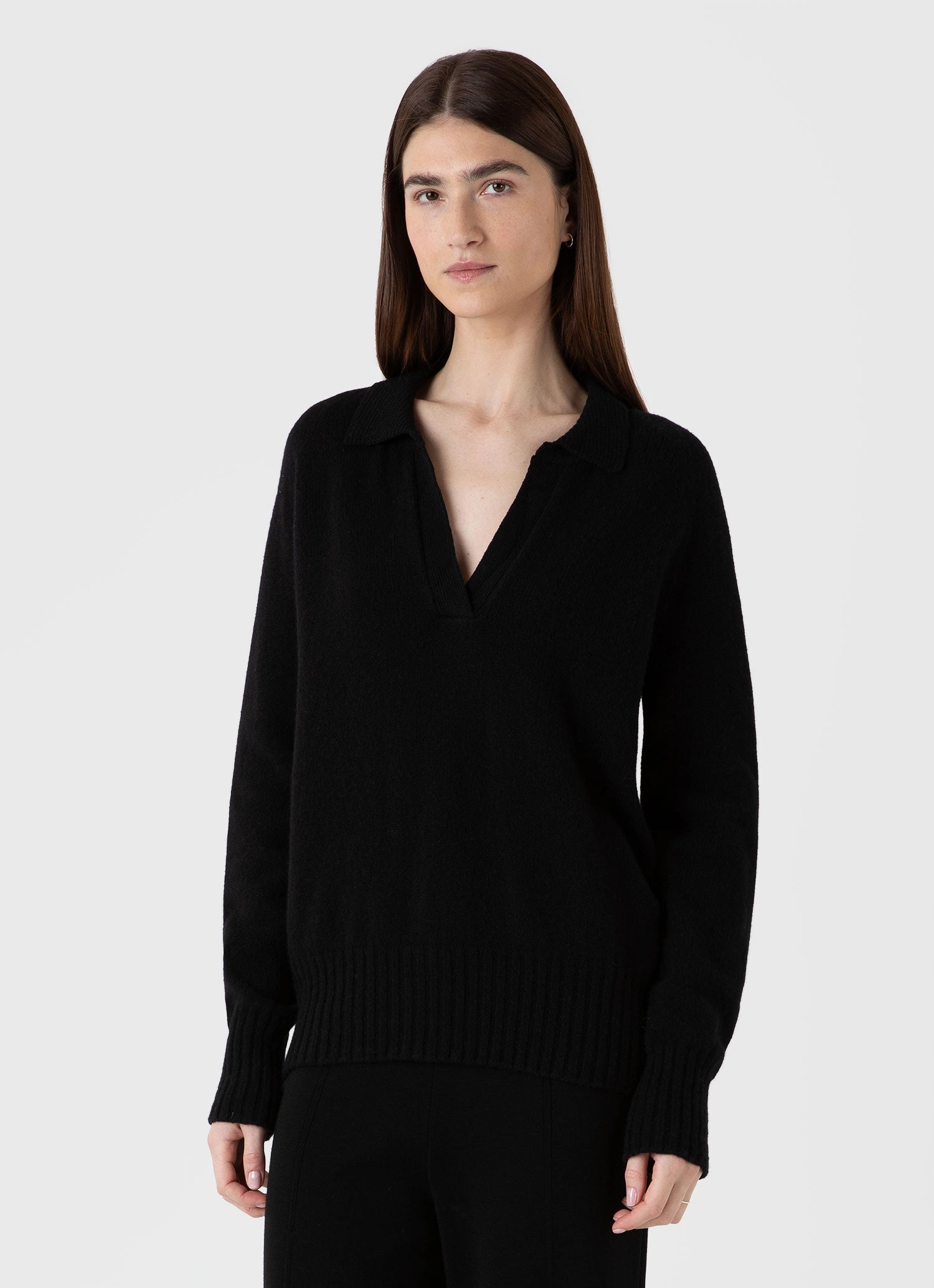 Women's Lambswool Polo Jumper in Black Lightweight Feel