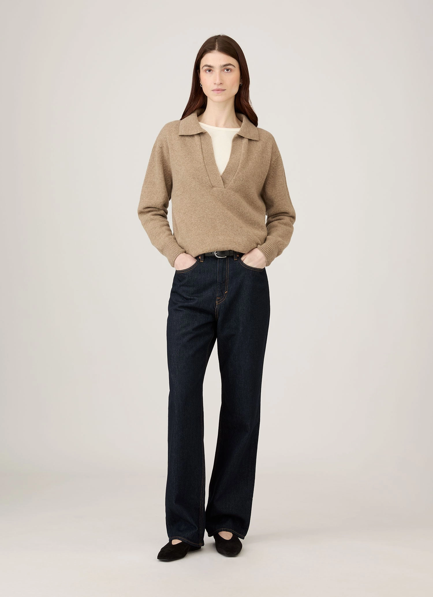 Women's Lambswool Polo Neck Jumper in Mink Easy Fit