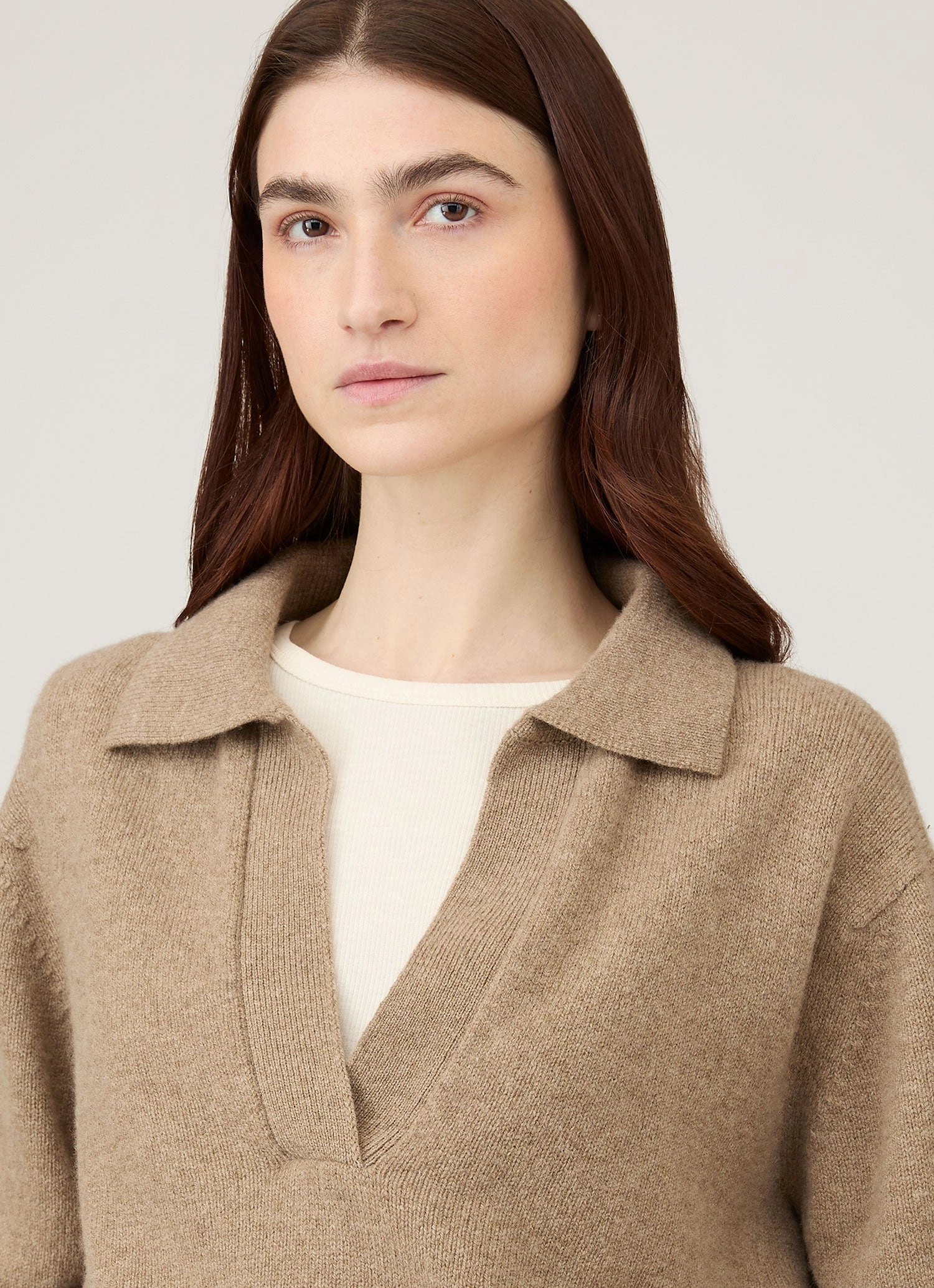 Women's Lambswool Polo Neck Jumper in Mink Easy Fit