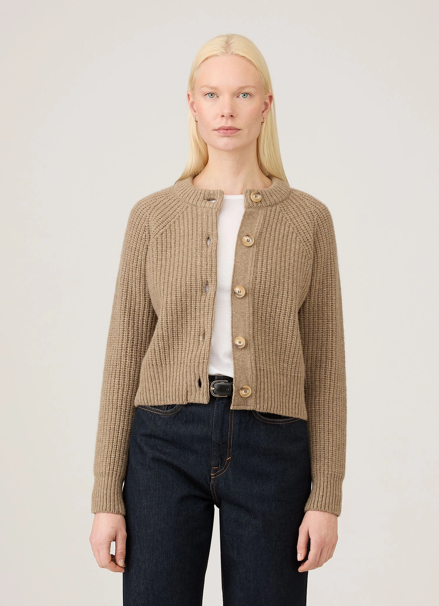 Women's Ribbed Crew Neck Cardigan in Mink Retro
