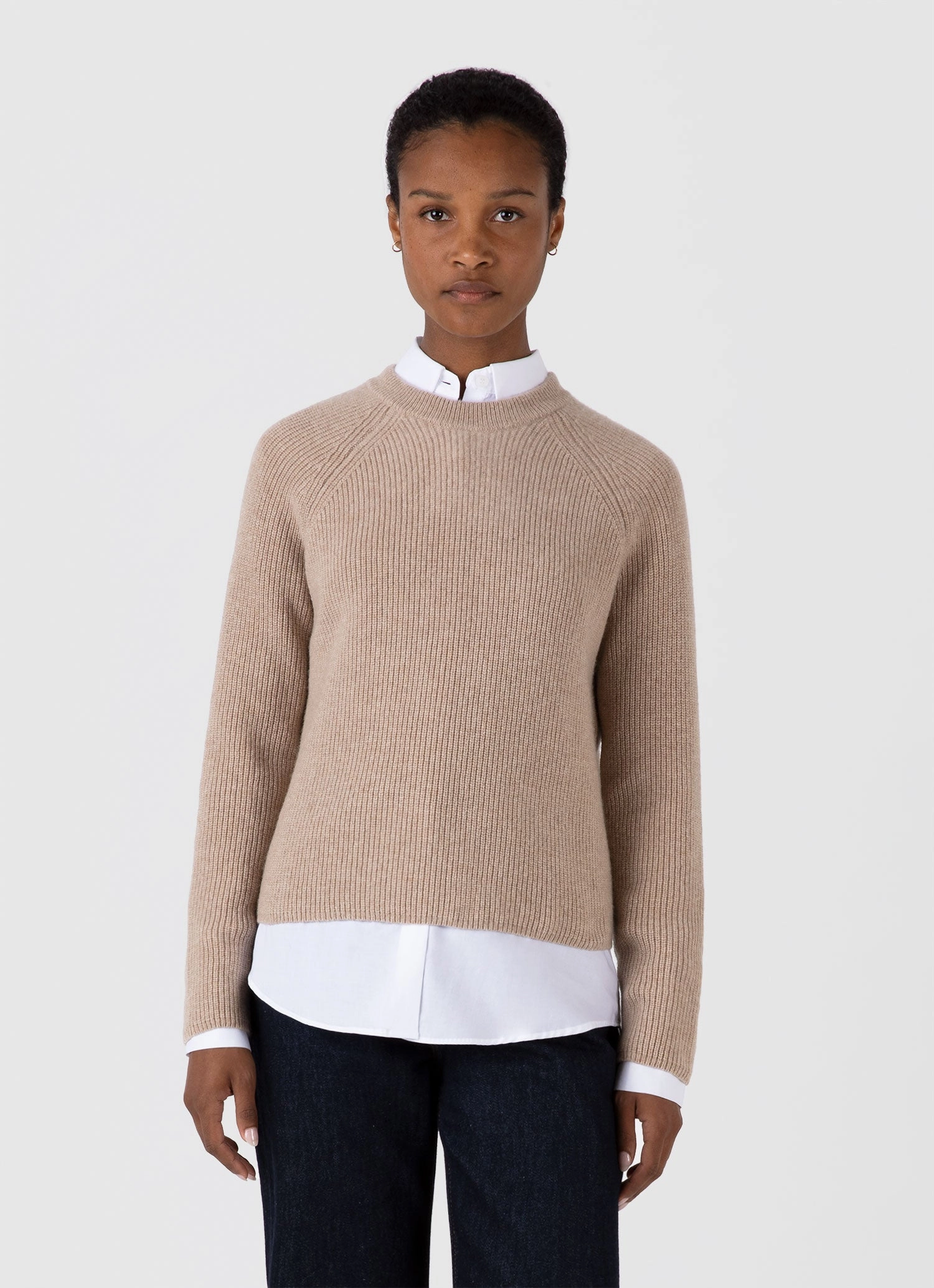 Women's Wool Cashmere Rib Jumper in Oatmeal Melange short front long back Vacation Style