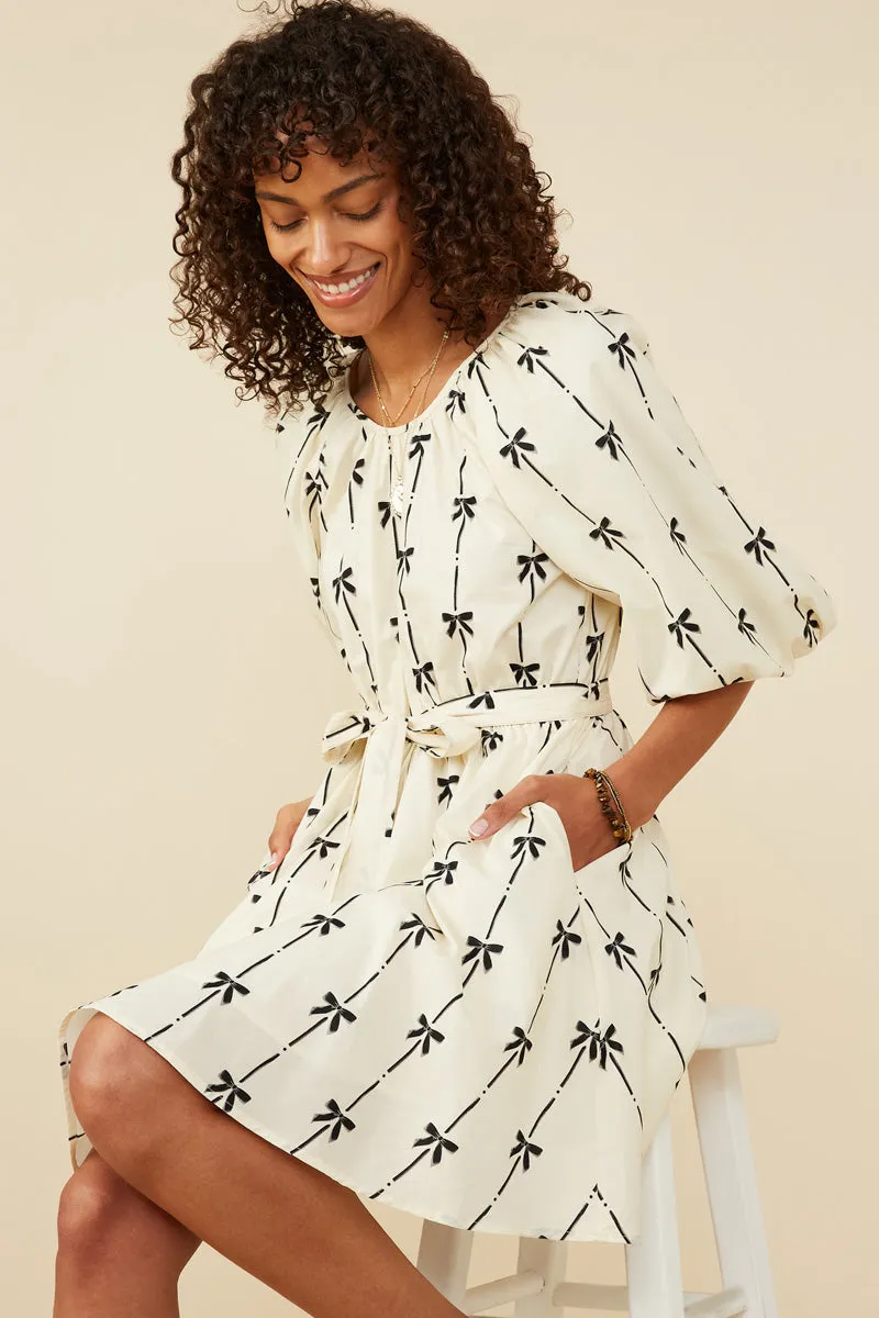 Womens All Over Bow Print Belted Dress Nature Bloom