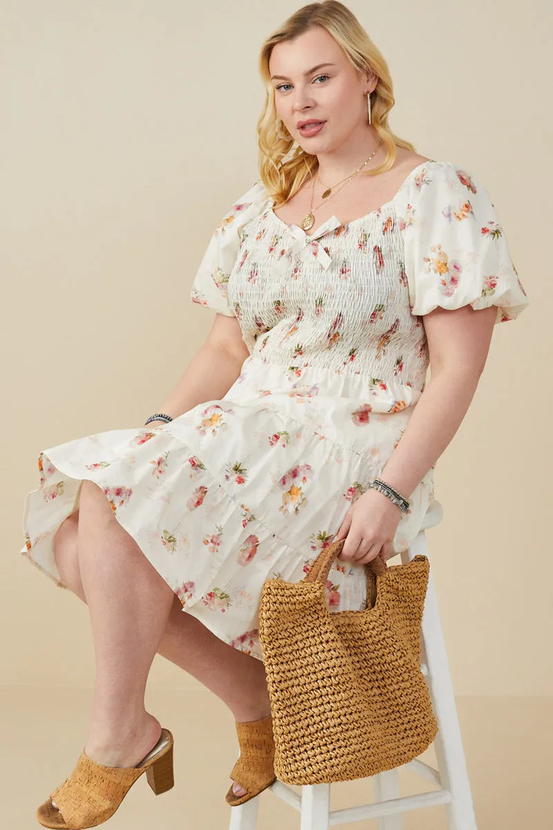 Womens Bow Detailed Smocked Textured Floral Dress Day Ready Chill Base