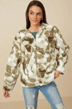 Womens Camo Print Plush Hooded Jacket Poly Blend