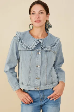 Womens Exaggerated Ruffle Collar Denim Jacket Daily Wear
