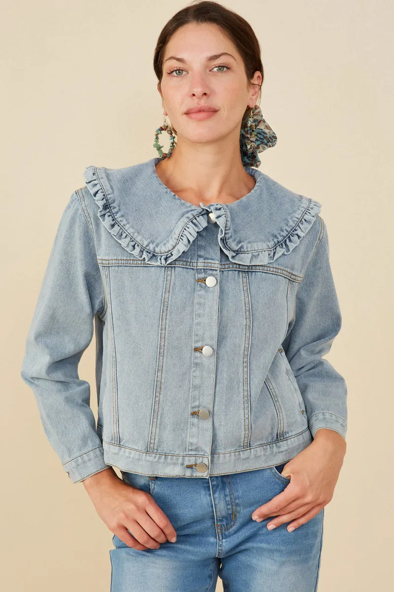 Womens Exaggerated Ruffle Collar Denim Jacket Everyday Active Style