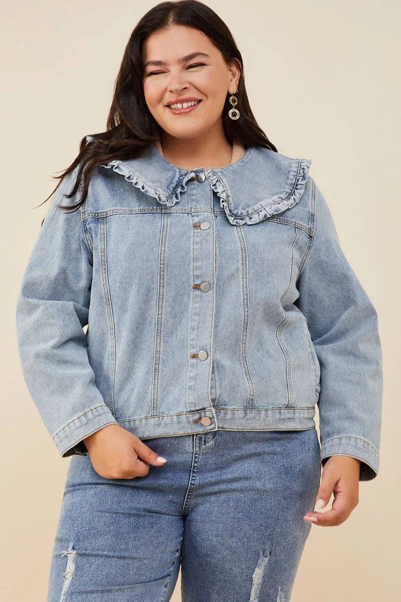 Strong Zip Crisp Detail Womens Exaggerated Ruffle Collar Denim Jacket