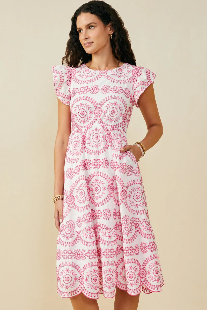 Womens Eyelet Embroidered Flutter Sleeve Scallop Hem Dress Handmade