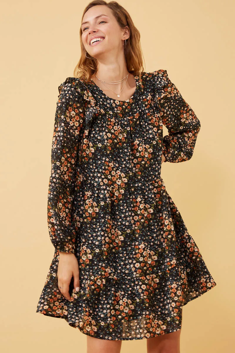 Womens Floral Print Ruffle Shoulder Long Sleeve Dress Casual Outfit