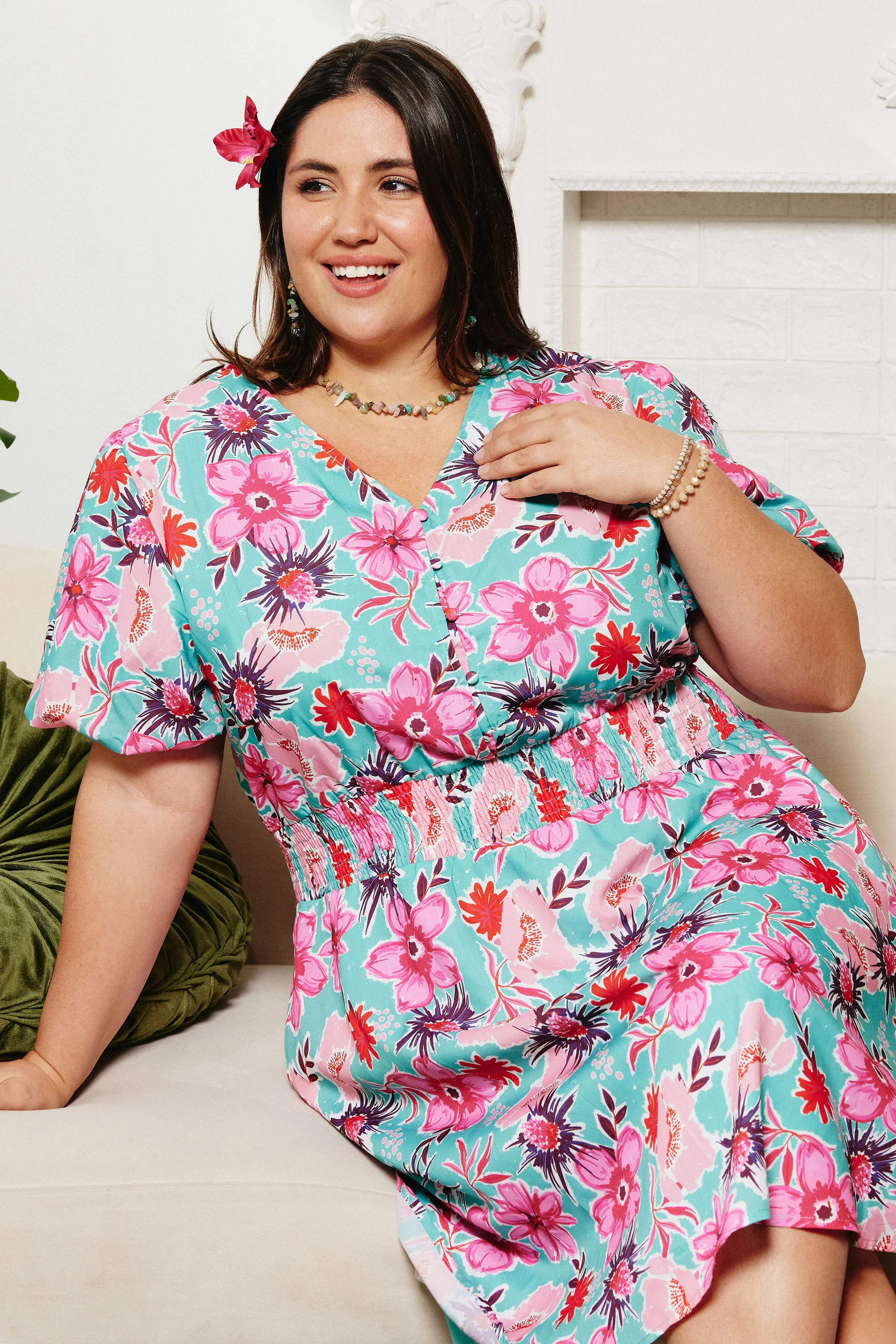 Date-Night Womens Floral Print Smocked Waist Button Dress