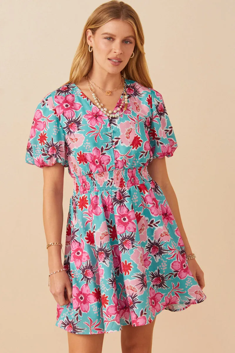 Night Ready Party outfit Womens Floral Print Smocked Waist Button Dress
