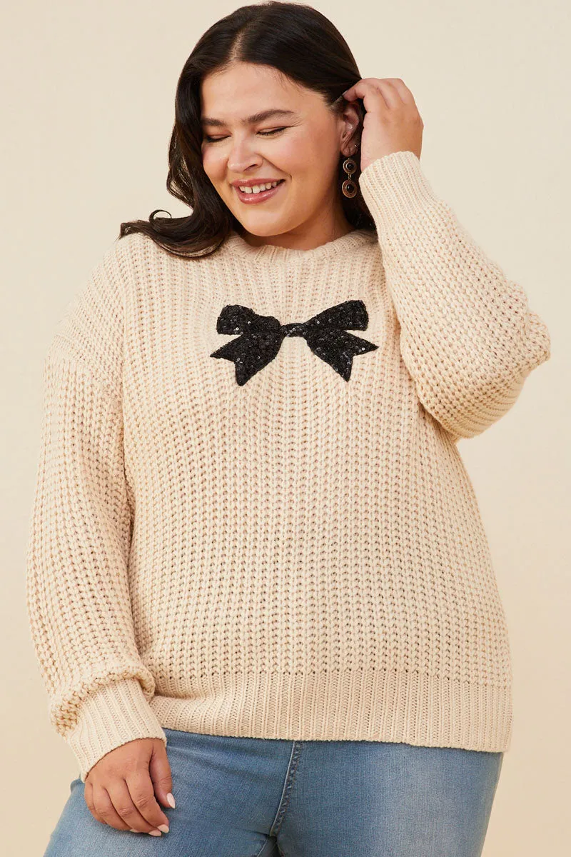 Simple Outer Womens Low Gauge Sweater with Sequin Bow Patch