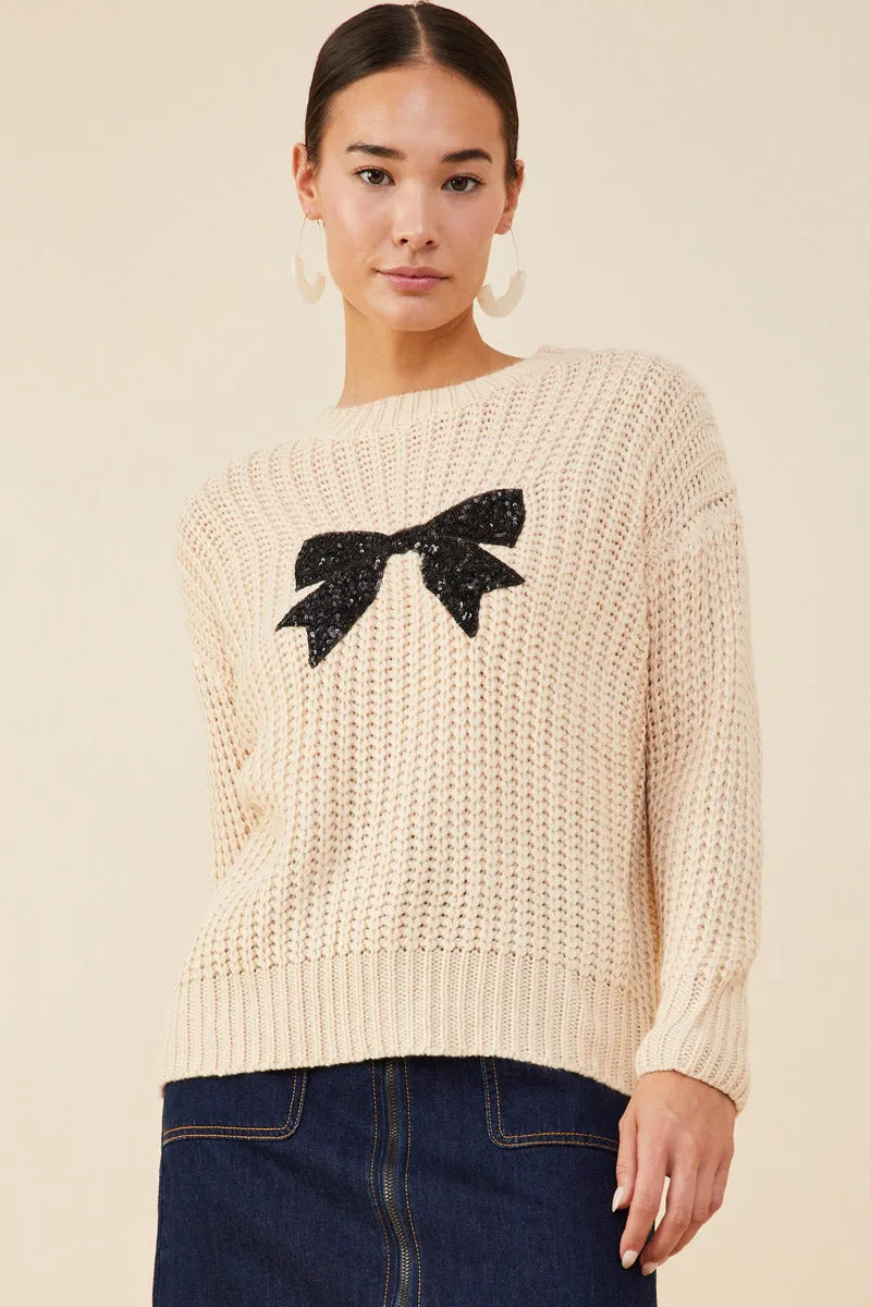 Womens Low Gauge Sweater with Sequin Bow Patch Subtle Texture Evening Chill Piece