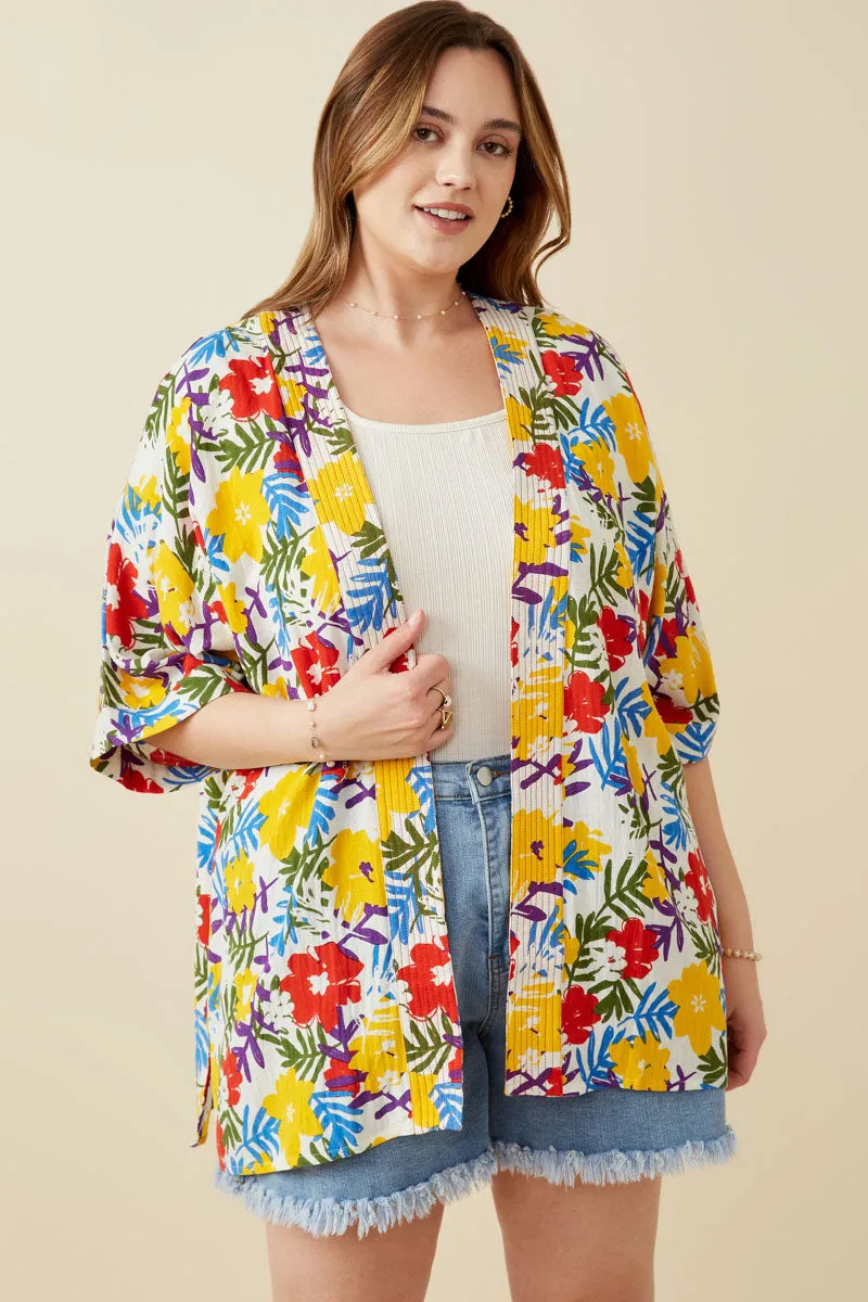 Womens Vivid Floral Contrast Stitch Linen Blend Kimono Button Closure