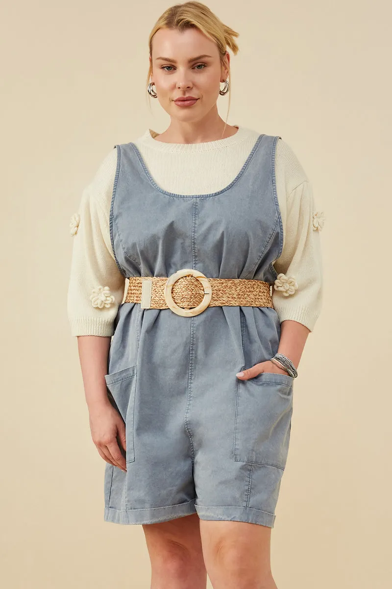 Womens Washed Patch Pocket Scoop Back Sleeveless Romper Invisible-Zip