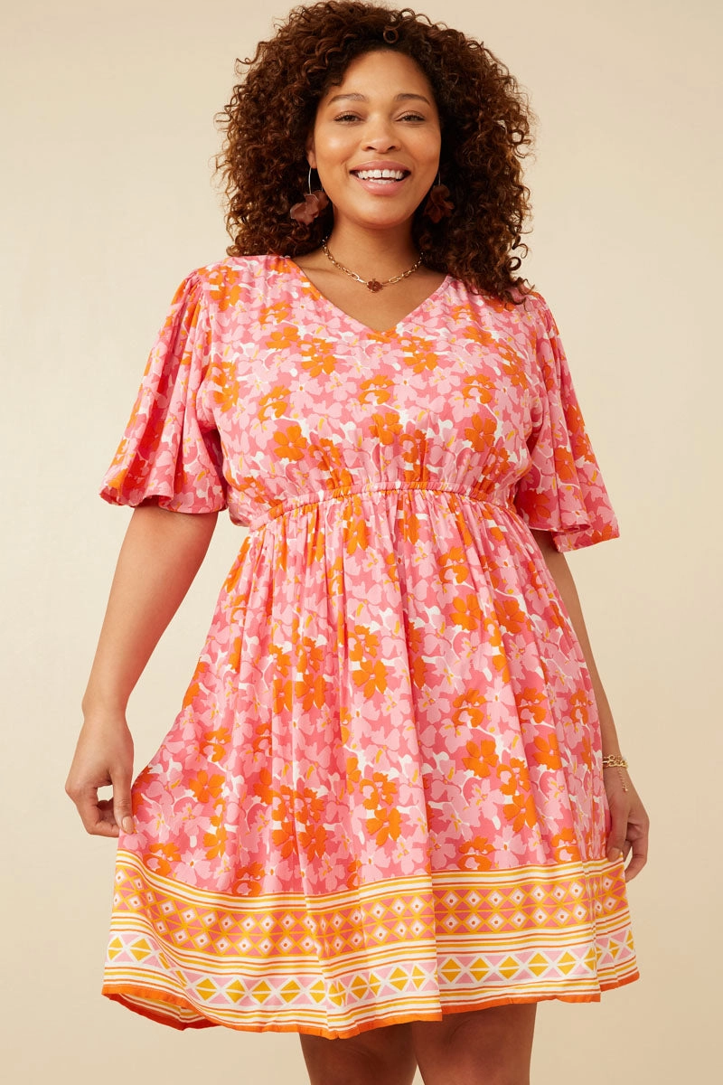 Womens Bordered Hem Floral Print V Neck Dress Casual Pick Kind Light