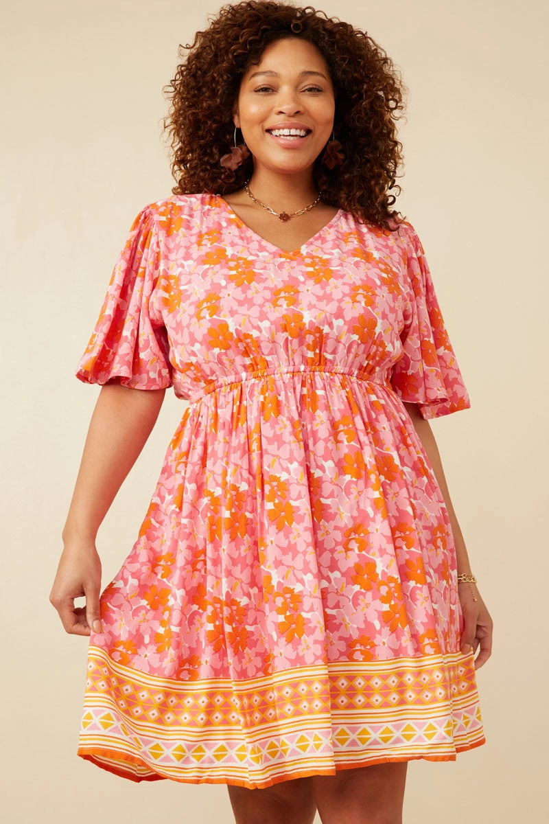 Womens Bordered Hem Floral Print V Neck Dress Tailored-fit Neutral Look