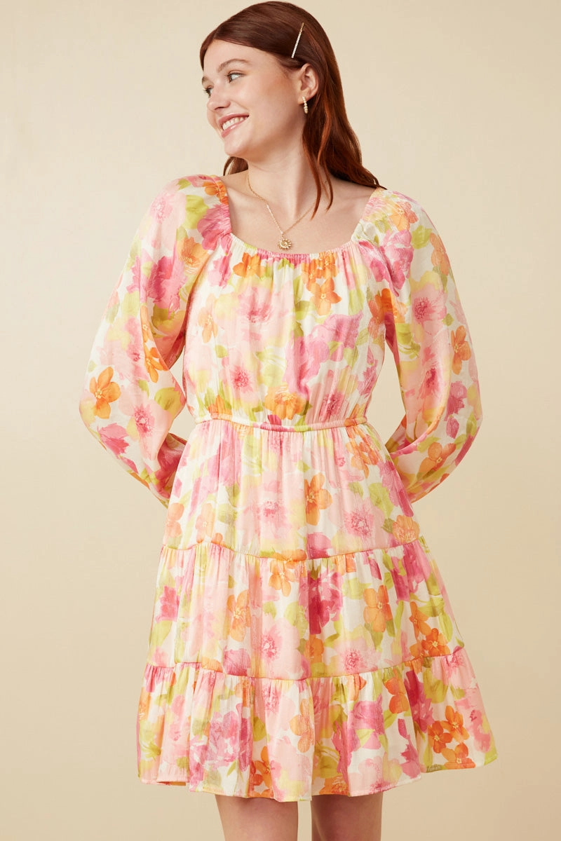 Quiet Mood Womens Lurex Floral Square Neck Peasant Sleeve Dress