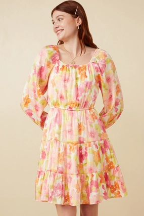 Quiet Mood Womens Lurex Floral Square Neck Peasant Sleeve Dress