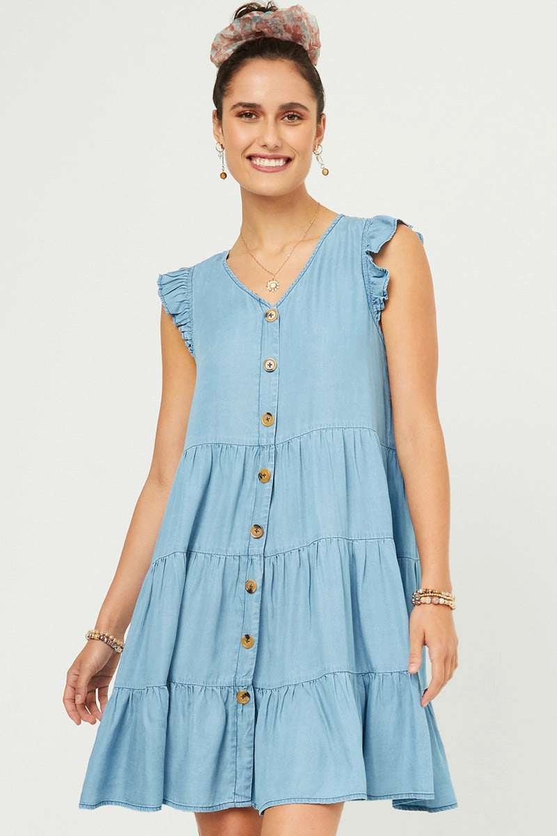 Womens Ruffle Button Down Tiered Dress Formed Look