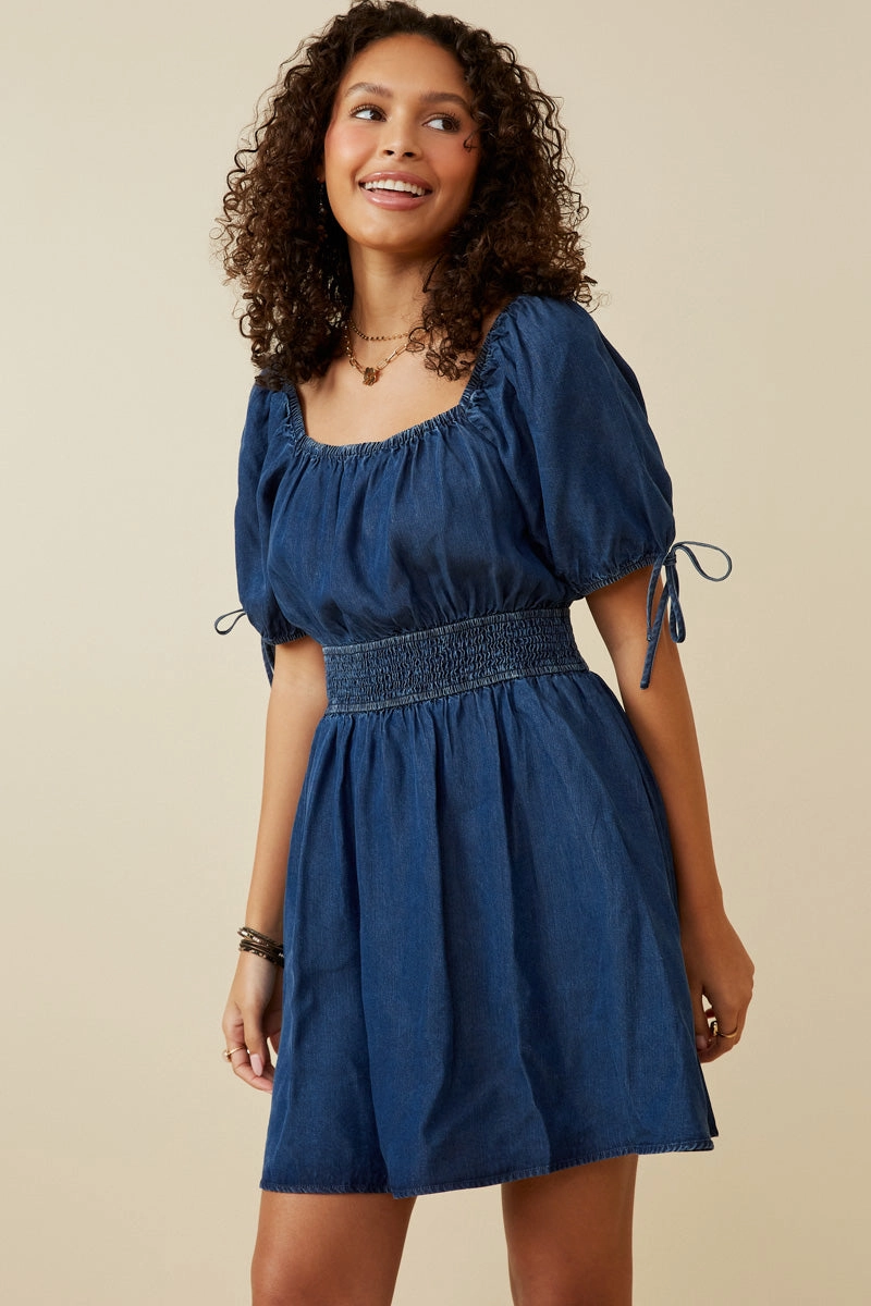 Womens Smocked Waist Tie Sleeve Denim Tencel Dress Bold Touch Velvet-Touch