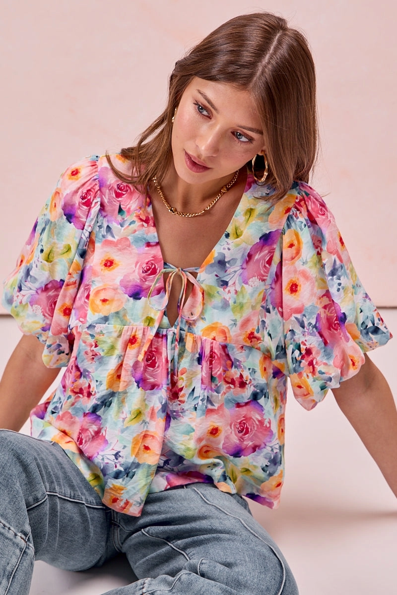 IT4357S-01 | FLORAL PRINTED BALLOON SLEEVES FRONT TIED TOP Stylish Daily Fit Snap Button