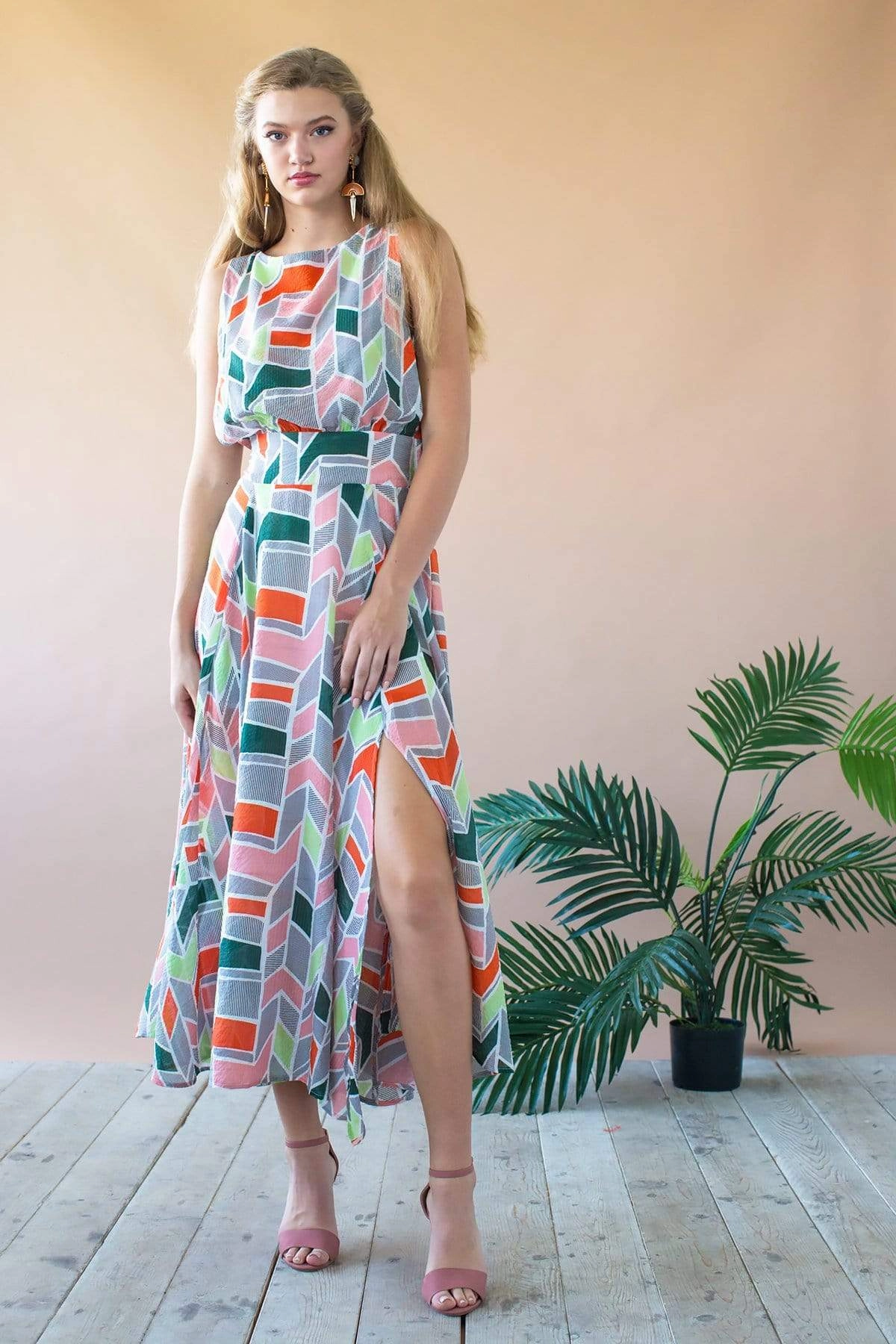 Xena Dress - Peach Geo Neat Sets