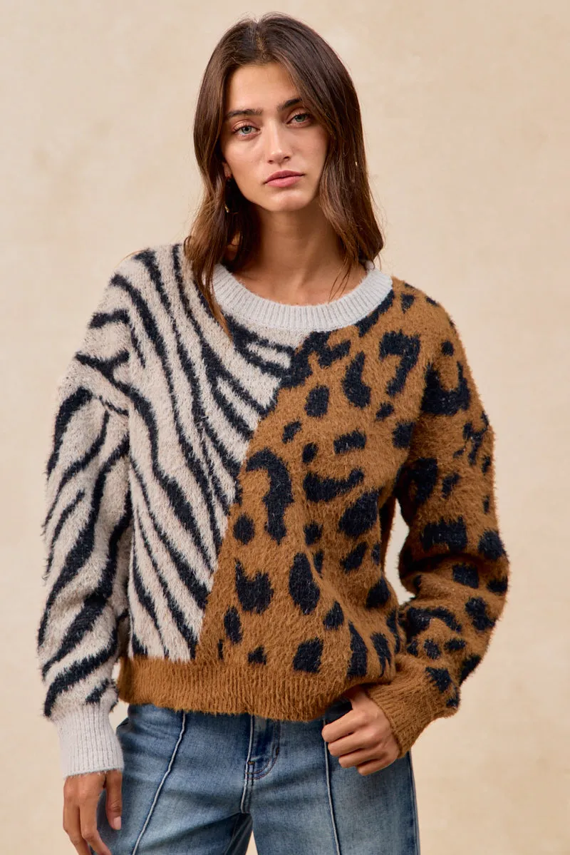 IT4805-01 | LEOPARD ZEBRA PATTERN SWEATER TOP Subtle Design Detail