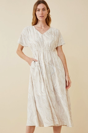 Soft Wave Print Dolman Sleeve Dress Flap-Detail Walkable Flow