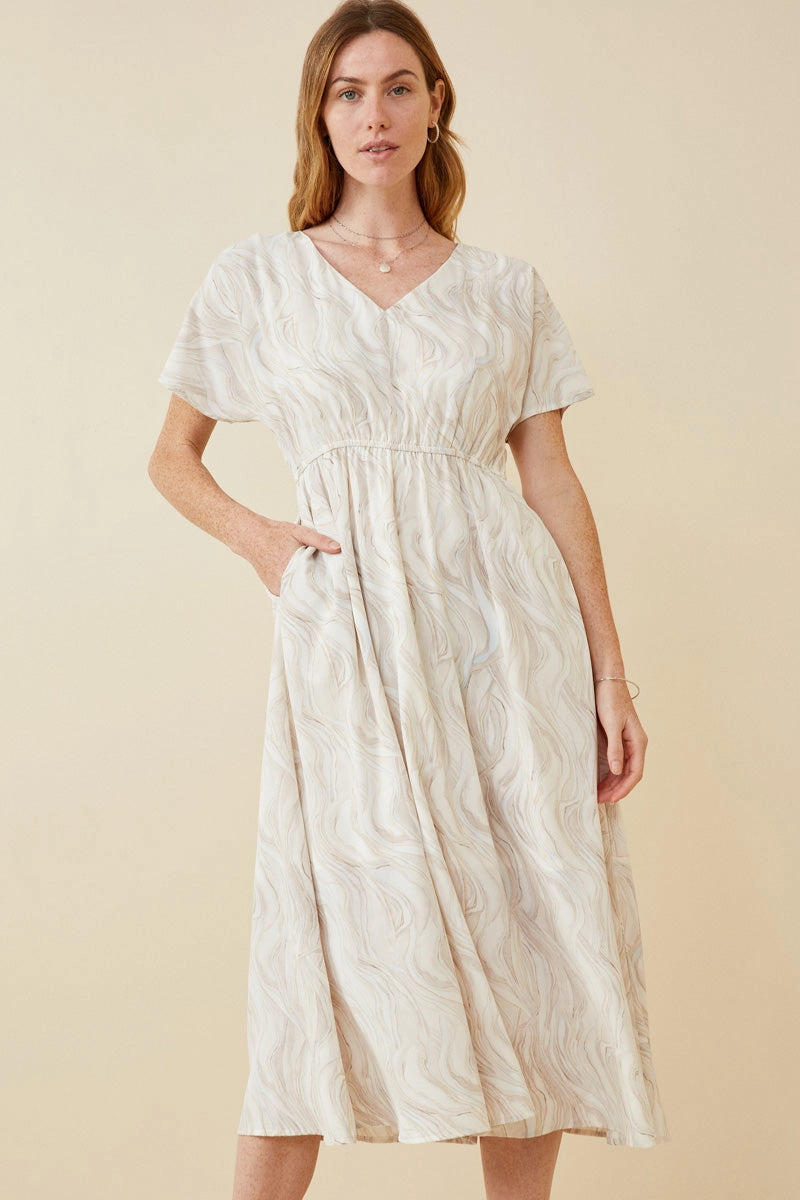 Neutral Finish Side Tie Soft Wave Print Dolman Sleeve Dress